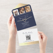 Navy Gold Rope Hart QR Huwelijk All In One Uitnodiging (Afscheurbaar)