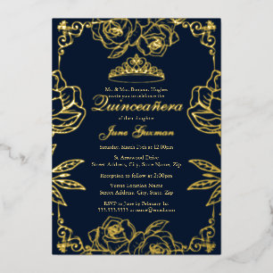Navy Gold Rozen Tuin Quinceanera Folie Uitnodiging