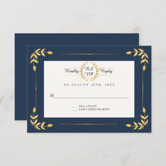 Navy Gold RSVP Modern Laurel Leaf krans gebladerte (Voorkant / Achterkant)