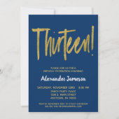 Navy Gold Script 13th Birthday Party Invitation Kaart (Voorkant)