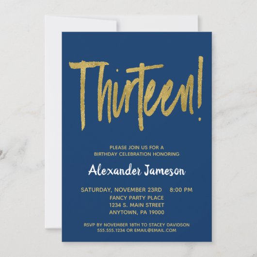 Navy Gold Script 13th Birthday Party Invitation Kaart (Voorkant)