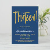Navy Gold Script 13th Birthday Party Invitation Kaart (Staand voorkant)