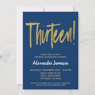 Navy Gold Script 13th Birthday Party Invitation Kaart