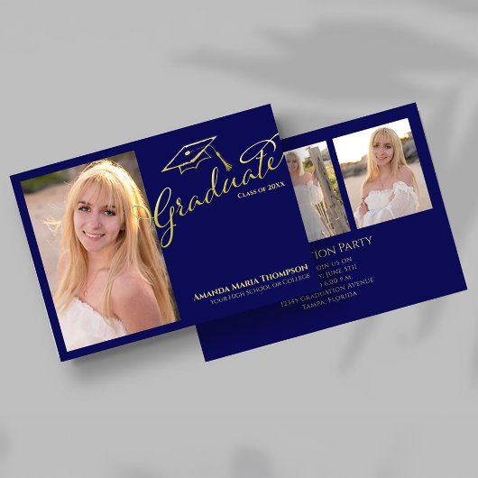 Navy Gold Script Multi Photo Graduation Party Invi Kaart
