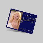 Navy Gold Script Multi Photo Graduation Party Invi Kaart