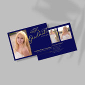 Navy Gold Script Multi Photo Graduation Party Invi Kaart