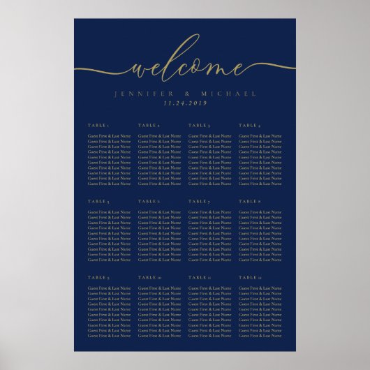 Navy Gold Seating Plan Tabelnummers Welkom Poster (Voorkant)
