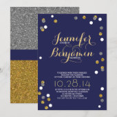 Navy Gold & Silver Confetti Nieuwjaarshuwelijksuit Kaart (Voorkant / Achterkant)