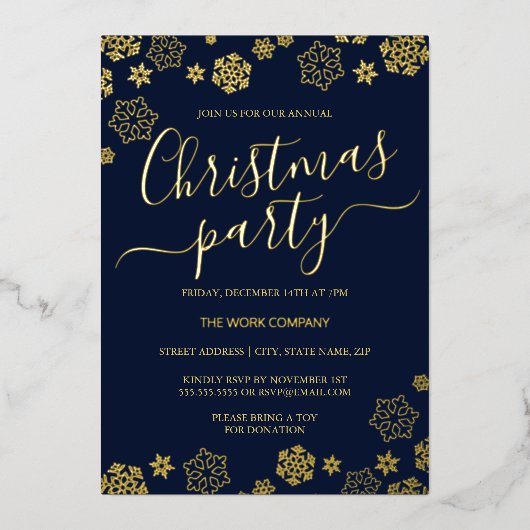 Navy Gold Snowflake Corporate Christmas Party Folie Uitnodiging (Voorkant)