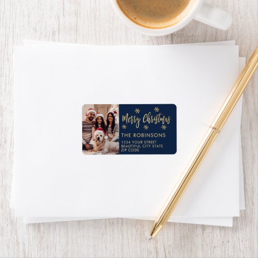 Navy Gold Snowflake Foto Kerst Terug Adres Etiket (Insitu)