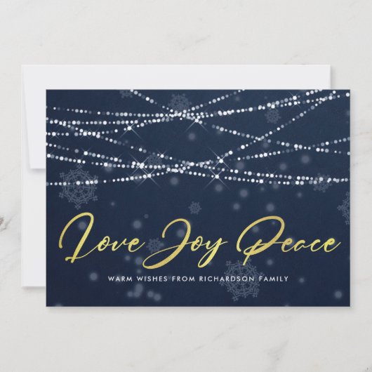 NAVY GOLD SNOWFLAKE LICHTE STRENGEN VAN JOY PEACE FEESTDAGENKAART (Voorkant)