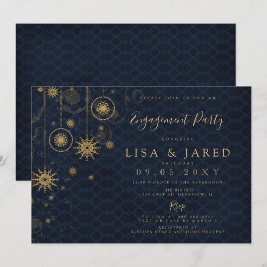 Navy Gold Snowflakes Winter Engagement Kaart (Voorkant / Achterkant)
