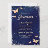 Navy Gold Sparkle Butterfly Dress Quinceanera Kaart (Voorkant)