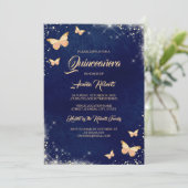 Navy Gold Sparkle Butterfly Dress Quinceanera Kaart (Staand voorkant)