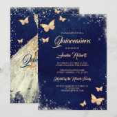 Navy Gold Sparkle Butterfly Dress Quinceanera Kaart (Voorkant / Achterkant)