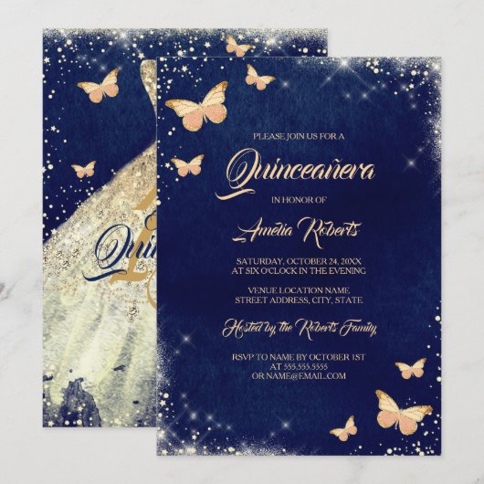 Navy Gold Sparkle Butterfly Dress Quinceanera Kaart (Voorkant / Achterkant)