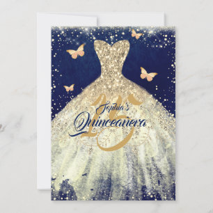 Navy Gold Sparkle Butterfly Dress Quinceanera Kaart