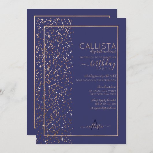 Navy Gold Sparkly Glitter Confetti Side Birthday Kaart (Voorkant / Achterkant)