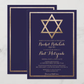 Navy Gold Star Border Bat Mitswa Hebreeuwse naam Kaart (Voorkant / Achterkant)