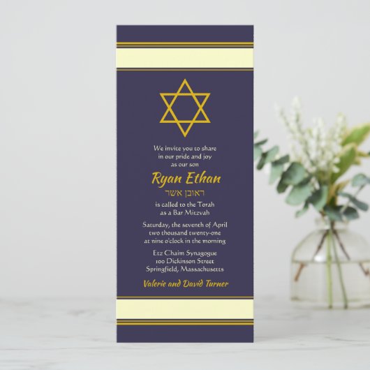 Navy Gold Star van David Bar Mitzvah Invitation Kaart (Staand voorkant)