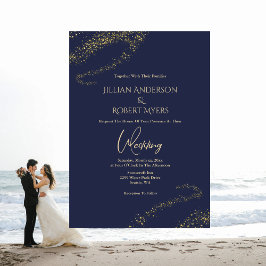 Navy, Gold Stardust Wedding Invitation Kaart
