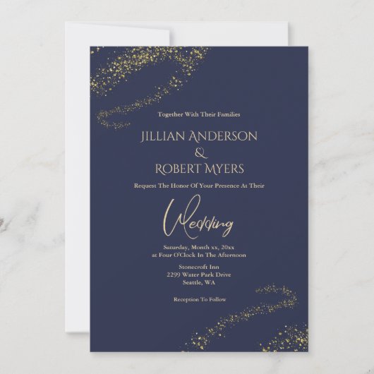 Navy, Gold Stardust Wedding Invitation Kaart (Voorkant)