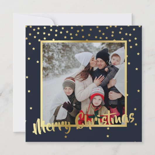 Navy Gold Stars Vrolijk Kerstvierkant Fotokaart Feestdagenkaart (Voorkant)