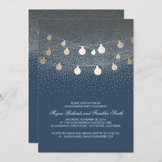 Navy Gold String Lights  Engagement Party Kaart (Voorkant / Achterkant)