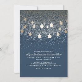 Navy Gold String Lights Glitter Vintage Wedding Kaart