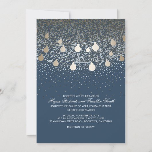 Navy Gold String Lights Glitter Vintage Wedding Kaart (Voorkant)