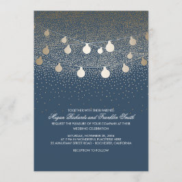 Navy Gold String Lights Glitter Vintage Wedding Kaart