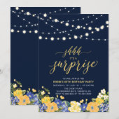 Navy & Gold String Lights Surprise Birthday Party Kaart (Voorkant / Achterkant)