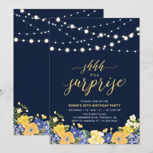 Navy & Gold String Lights Surprise Birthday Party Kaart (Voorkant / Achterkant)