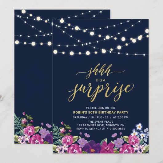 Navy & Gold String Lights Surprise Birthday Party Kaart (Voorkant / Achterkant)