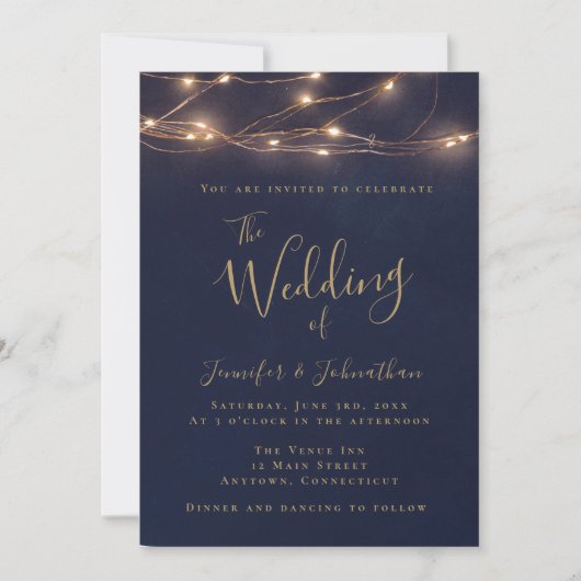 Navy Gold String Lights Wedding Invitations Kaart (Voorkant)