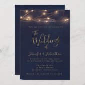 Navy Gold String Lights Wedding Invitations Kaart (Voorkant / Achterkant)
