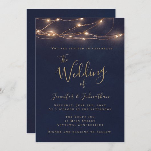 Navy Gold String Lights Wedding Invitations Kaart (Voorkant / Achterkant)