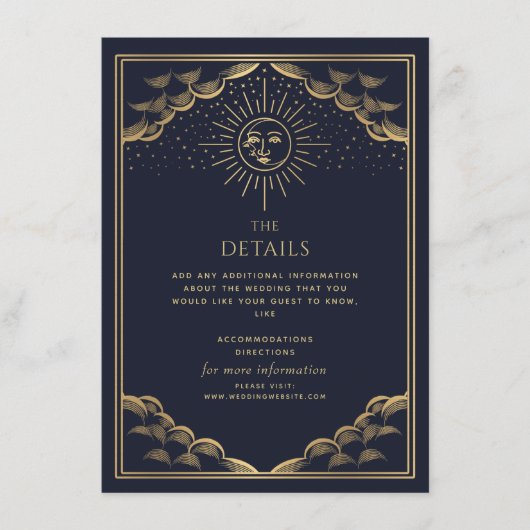Navy Gold Sun and Moon Tarot Wedding Details Informatiekaartje (Voorkant)