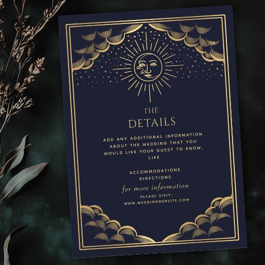 Navy Gold Sun and Moon Tarot Wedding Details Informatiekaartje