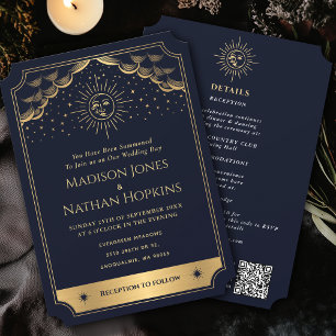  Navy Gold Sun Moon Tarot Wedding QR Code Kaart