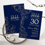 Navy Gold Surprise 30th Birthday Kaart<br><div class="desc">Navy Gold Surprise,  30e verjaardag uitnodiging. Het minimalistische moderne feministische ontwerp kenmerkt botanische accenten en typografische manuscriptdoopvont. Eenvoudige bloemige uitnodigingskaart perfect voor een stijlvol vrouw verrassingsfeest.</div>