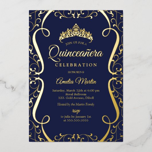 Navy Gold Swirl Elegant Quinceanera  Folie Uitnodiging (Voorkant)