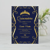 Navy Gold Swirl Elegant Quinceanera  Folie Uitnodiging (Staand Voorkant)