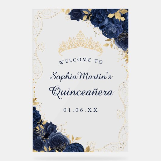 Navy Gold Swirl Floral Quinceanera Acryl Teken Acryl Bord (Voorkant)