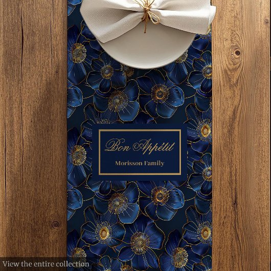 Navy Gold Table Runner Modern Floral Custom Name Medium Tafelloper