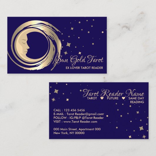 Navy Gold Tarot Reader Sterren Maan Zon Celestial Visitekaartje (Voorkant / Achterkant)