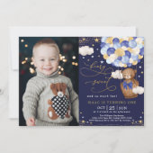 Navy Gold Teddy Beer Hete Luchtballon 1e Verjaarda Kaart (Voorkant)