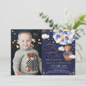 Navy Gold Teddy Beer Hete Luchtballon 1e Verjaarda Kaart (Staand voorkant)
