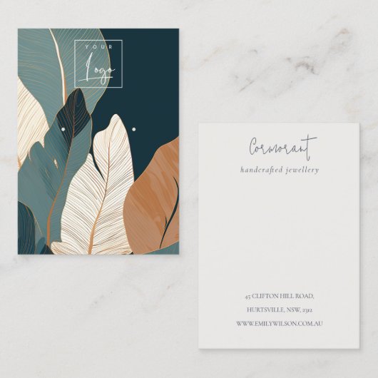 Navy Gold Tropical Leafy Logo Oorbel Display Visitekaartje (Voorkant / Achterkant)