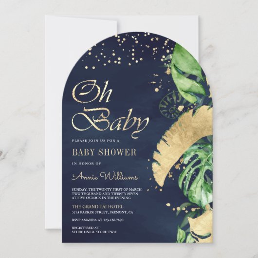 Navy Gold Tropical Monstera Palm Arch Baby shower Kaart (Voorkant)